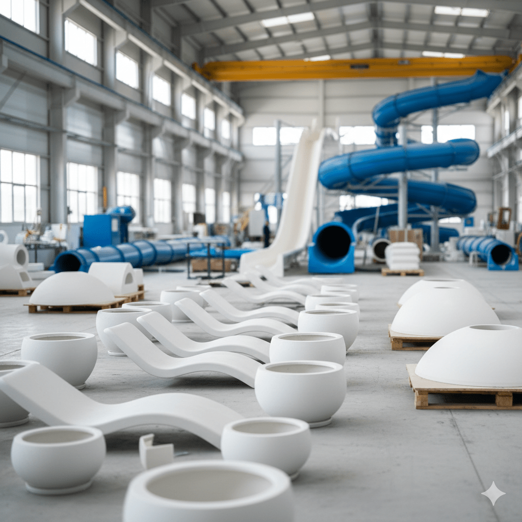 Antalya Express Fiberglass üretim tesisinde boydan boya dizilmiş fiber saksı ve polyester kalıp imalat ürünleri.