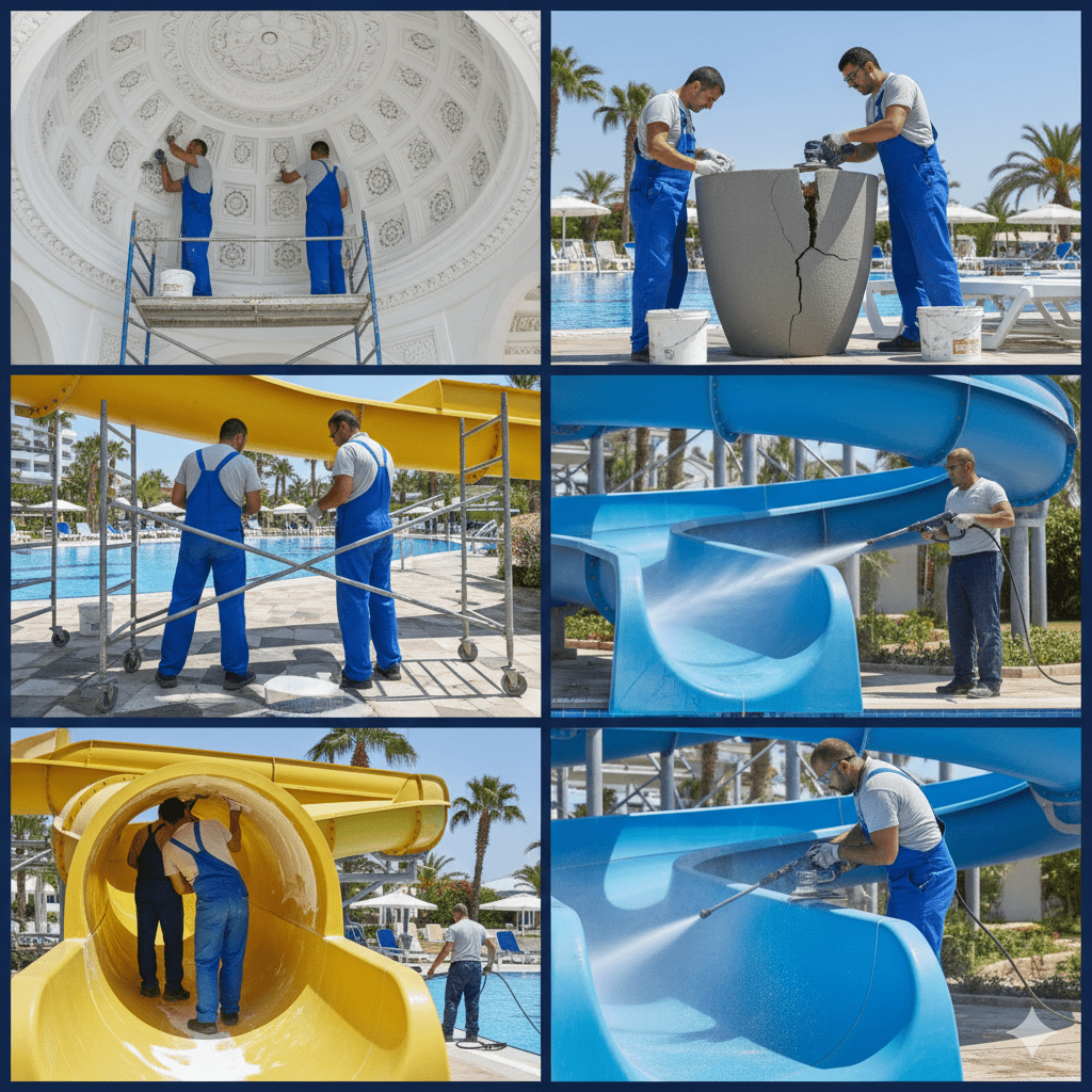 Antalya otel su kaydırağı ve fiberglass havuz yüzey yenileme, sezon sonu çatlak onarımı ve profesyonel boyama öncesi sonrası çalışması.