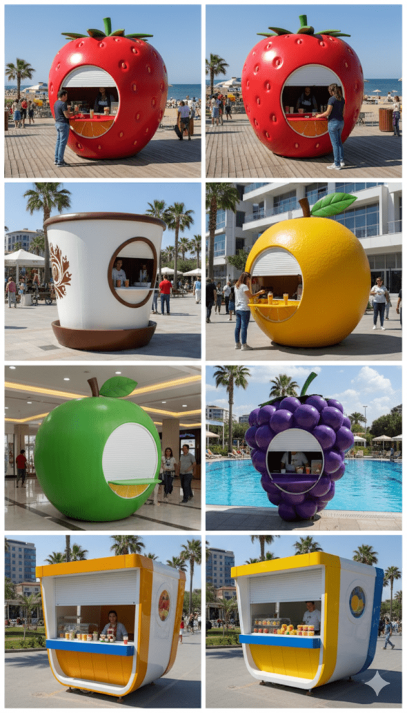 "Özel tasarım fiberglass meyve formlu satış büfeleri ve otel tipi stand modelleri"