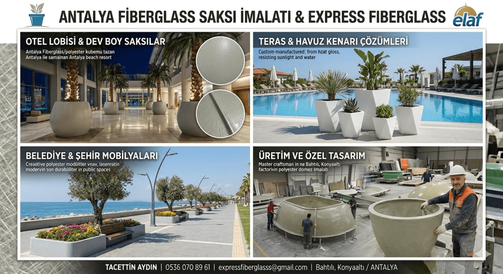Antalya Fiberglass Saksı İmalatı ve Modern Polyester Saksı Modelleri Kolajı